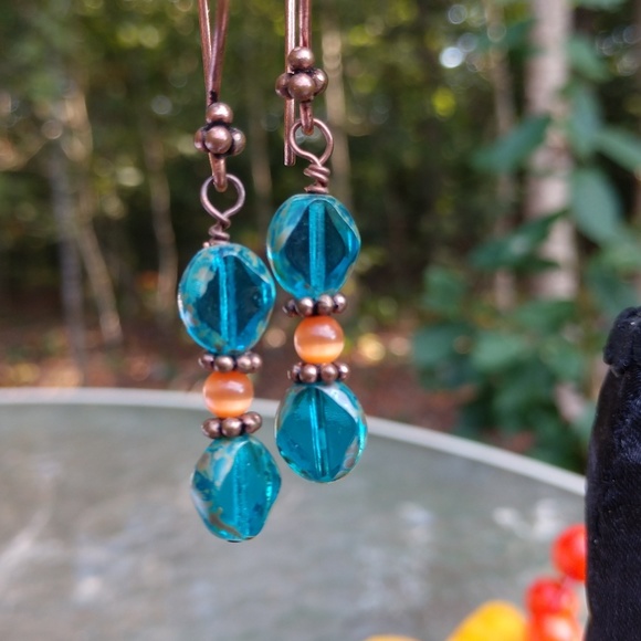 Jewelry - Turquiose and Peach beads, Copper wire and beads